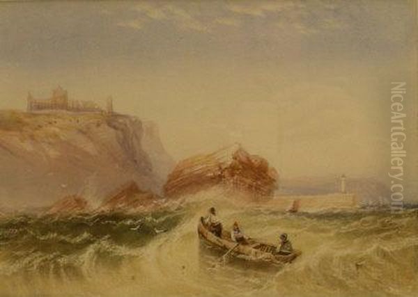 Rowing Boat Off Black Rocks Whitby Oil Painting by Henry Barlow Carter