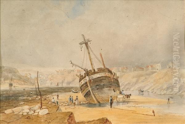 Coastalscenes, One With A Beached Hulk A Pair Oil Painting by Henry Barlow Carter