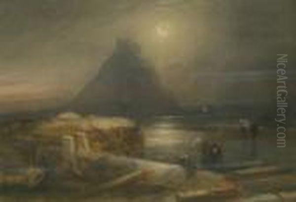 St Michael's Mount By Moonlight Oil Painting by Henry Barlow Carter