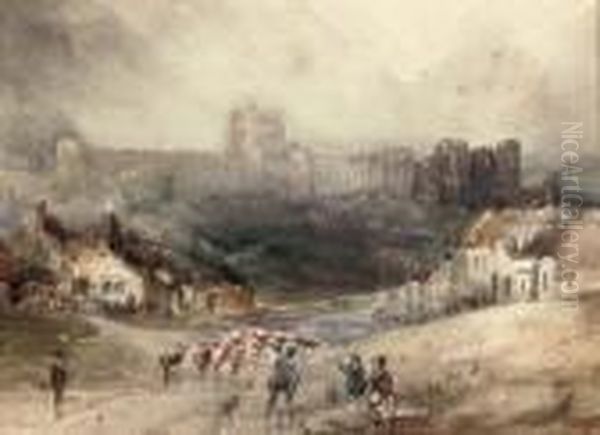 Droving Cattle Below Richmond Castle, Yorkshire Oil Painting by Henry Barlow Carter