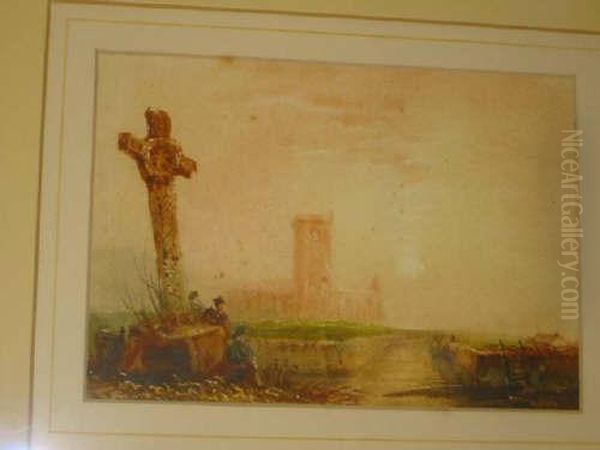 Figures By A Stone Crucifix, Church Beyond Oil Painting by Henry Barlow Carter