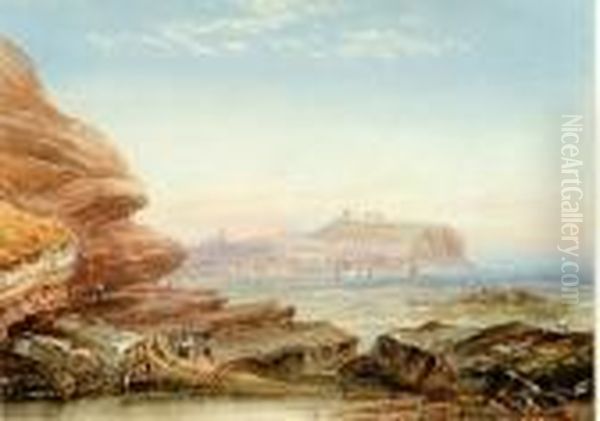 A View Of Scarborough With Figures Amongst Rocks In The Foreground Oil Painting by Henry Barlow Carter