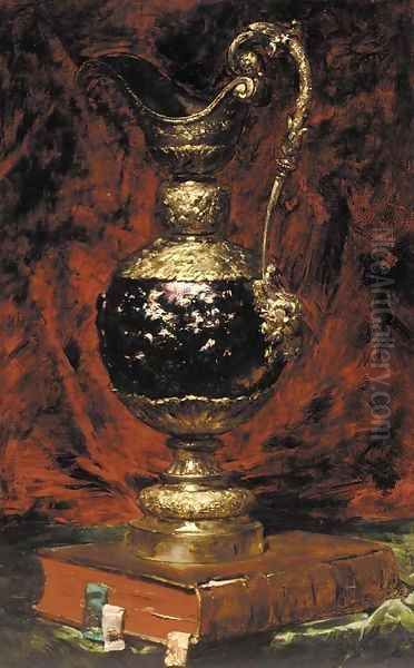 A ewer and a book on a table Oil Painting by Georges Jeannin