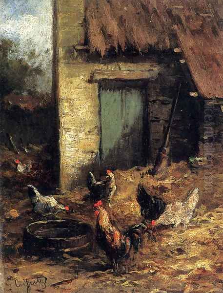 Poultry In A Farmyard Oil Painting by Carl Jutz