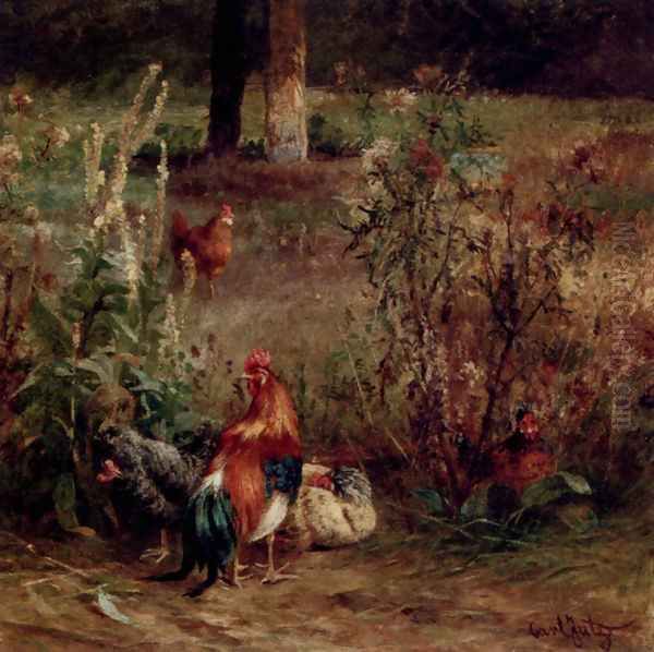 Poultry In The Undergrowth Oil Painting by Carl Jutz