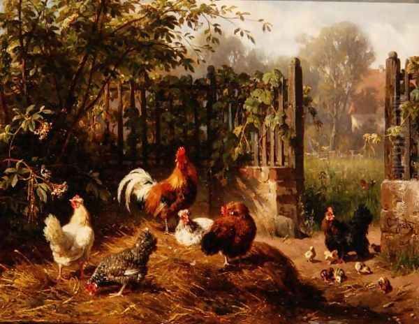 Rooster with Hens and Chicks Oil Painting by Carl Jutz