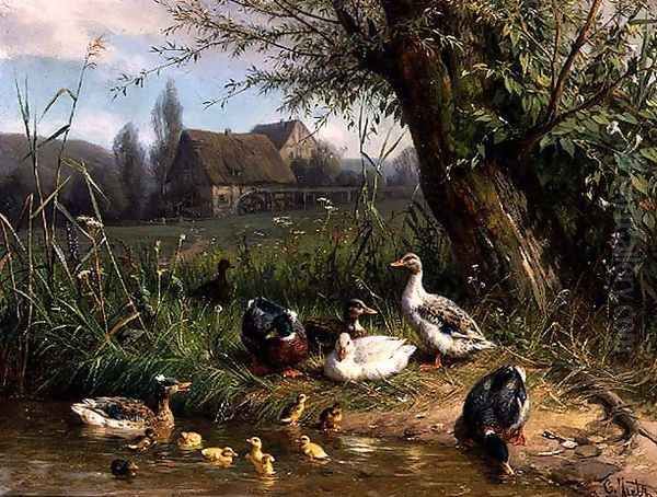 Mallard Ducks with their Ducklings Oil Painting by Carl Jutz