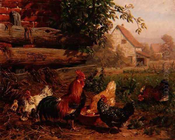 Farmyard Chickens Oil Painting by Carl Jutz