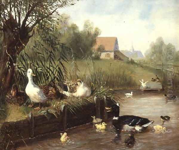 Ducks on the River Bank Oil Painting by Carl Jutz