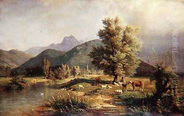 Mountainous Wooded Landscape with Horses and Sheep Oil Painting by Carl Jutz