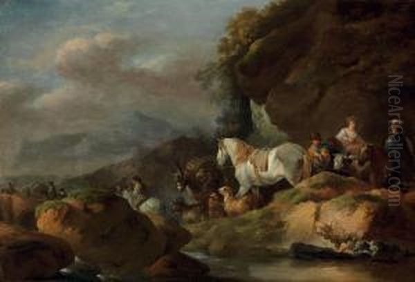 A Herder And Travelers On A Mountain Pass Near A Stream Oil Painting by Francesco Giuseppe Casanova