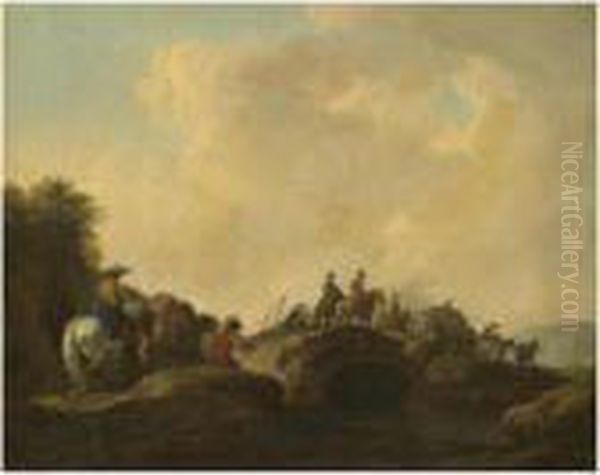 A Landscape With Travellers On A Path Crossing A Bridge Oil Painting by Francesco Giuseppe Casanova