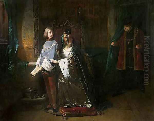 Louis XI of France surprising the Queen instructing the Dauphin contrary to his will Oil Painting by Claude Jacquand