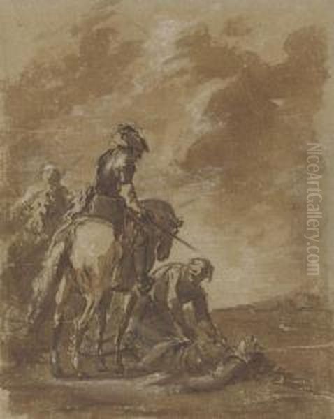 Two Figures On Horseback, With A Man Tending To A Woundedsoldier Oil Painting by Francesco Giuseppe Casanova