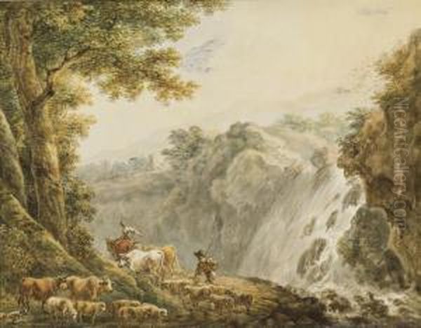 Un Berger Accompagne De Son 
Troupeau De Vaches Et De Moutons Devantun Torrent Dans Un Paysage 
Montagneux Oil Painting by Francesco Giuseppe Casanova