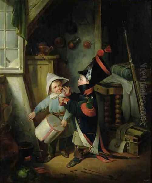 Two Boys Dressing Up as Soldiers Oil Painting by Claude Jacquand