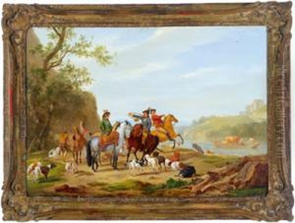 Cavalieri In Sosta Con Cani In Riva Al Fiume Oil Painting by Francesco Giuseppe Casanova