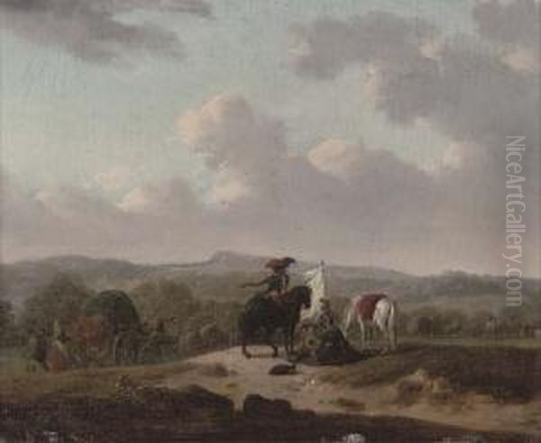 Soldiers On Horseback Resting By A Track With Caravans, A Landscape Beyond Oil Painting by Francesco Giuseppe Casanova