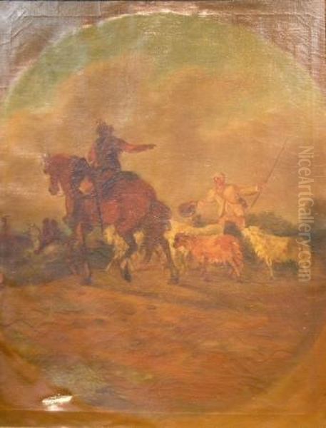 Soldier On Horseback With Farmhand And Goat In A Field Oil Painting by Francesco Giuseppe Casanova