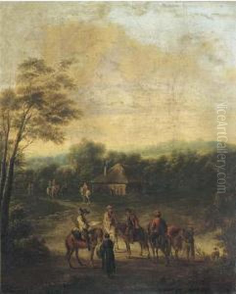 A Wooded Landscape With Horsemen At Halt By A Cottage Oil Painting by Francesco Giuseppe Casanova