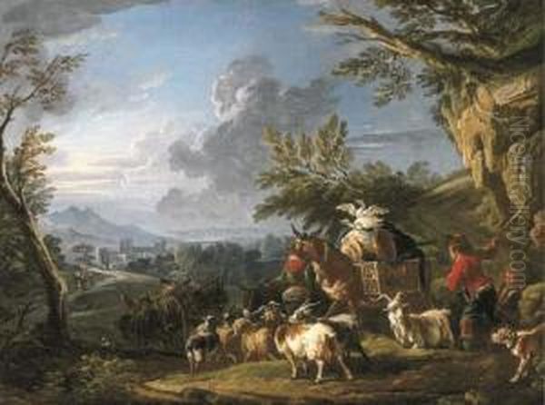 A Landscape With Travelers And A Drover Oil Painting by Francesco Giuseppe Casanova