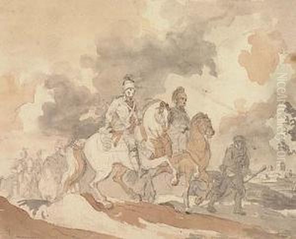 Dragoons On A Road With A Town In The Distance Oil Painting by Francesco Giuseppe Casanova