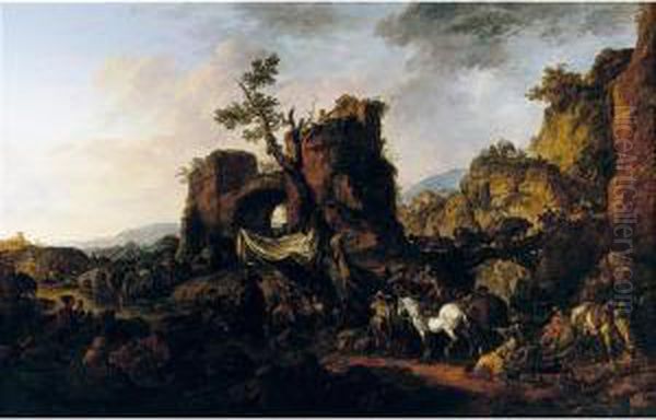 A Rocky Landscape With A Military Encampment, Wayfarers And Soldiers Resting Oil Painting by Francesco Giuseppe Casanova