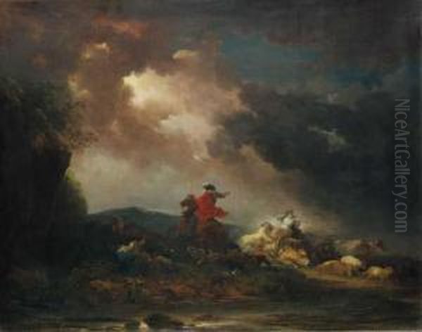 A Stormy Landscape With A 
Horseman And A Woman Riding An Ox, By Ariver; A Stormy Landscape With A 
Wagon And Horses Bolting Into Ariver Oil Painting by Francesco Giuseppe Casanova