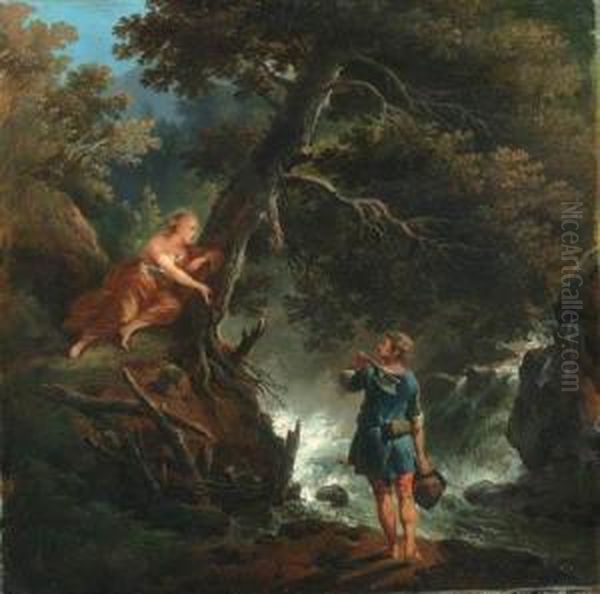 A Woodman And Nymph By A Waterfall Oil Painting by Francesco Giuseppe Casanova