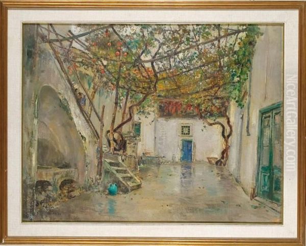 Cortile A Forio D'ischia Oil Painting by Giuseppe Casciaro