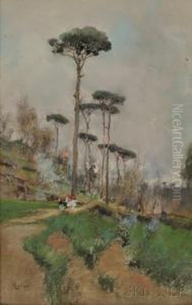 Landscapes Pines, Figures On A Country Road Oil Painting by Giuseppe Casciaro