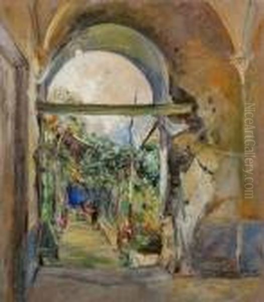 Veduta Di Cortile Con Pergolato Oil Painting by Giuseppe Casciaro