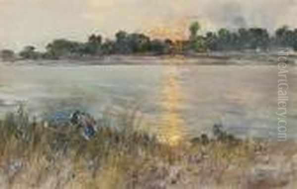 A Gathering On The Riverbank At Dusk Oil Painting by Giuseppe Casciaro