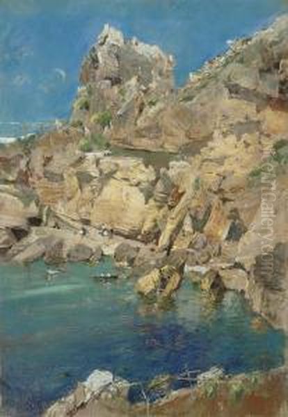 Fisherfolk On The Amalfi Coast Oil Painting by Giuseppe Casciaro