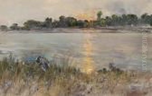 A Gathering On The Riverbank, Dusk Oil Painting by Giuseppe Casciaro