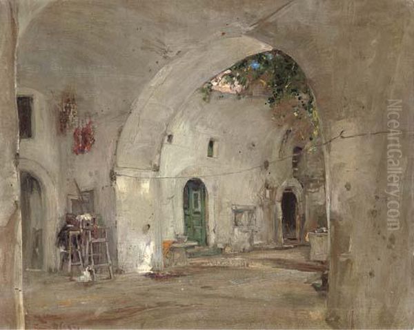 A Courtyard Oil Painting by Giuseppe Casciaro