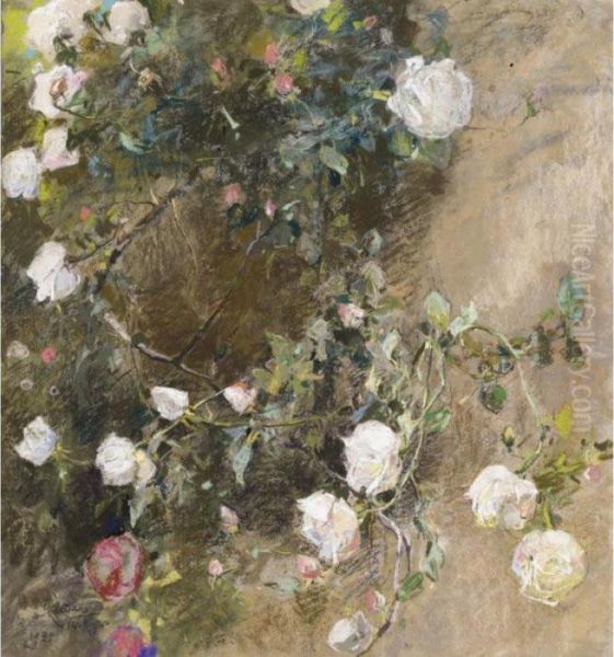 Rose Bianche Rampicanti Oil Painting by Giuseppe Casciaro