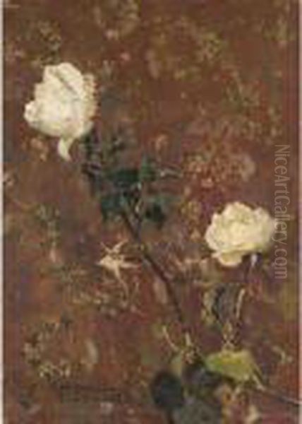 Due Rose Bianche Su Sfondo Floreale Oil Painting by Giuseppe Casciaro