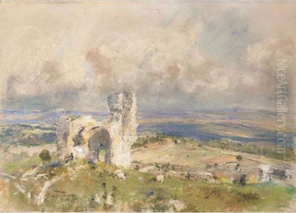 Rovine Del Castello In Un Paesaggio Oil Painting by Giuseppe Casciaro