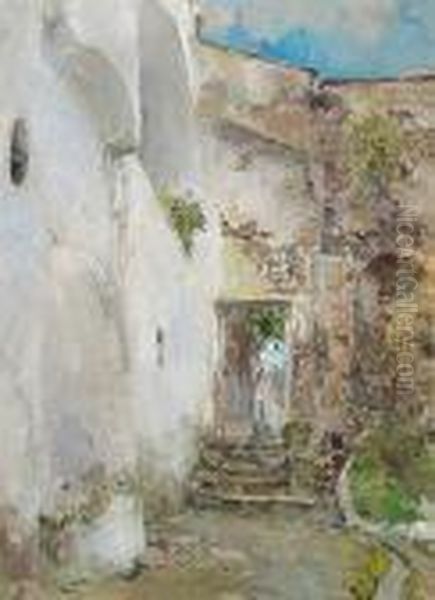 A View Of A Mediterranean Courtyard; Also A Landscape With A Woman Foraging (2) Oil Painting by Giuseppe Casciaro