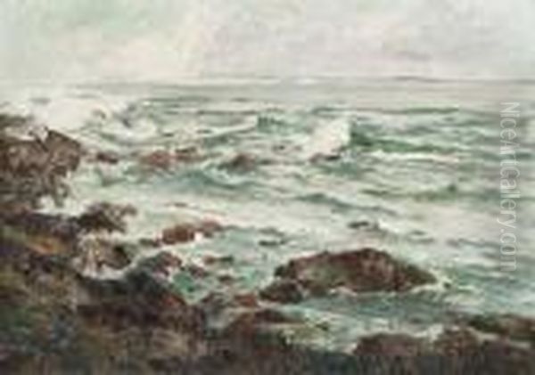 Waves Breaking On A Rocky Coastline Oil Painting by Giuseppe Casciaro