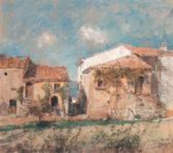 An Italian Village Oil Painting by Giuseppe Casciaro