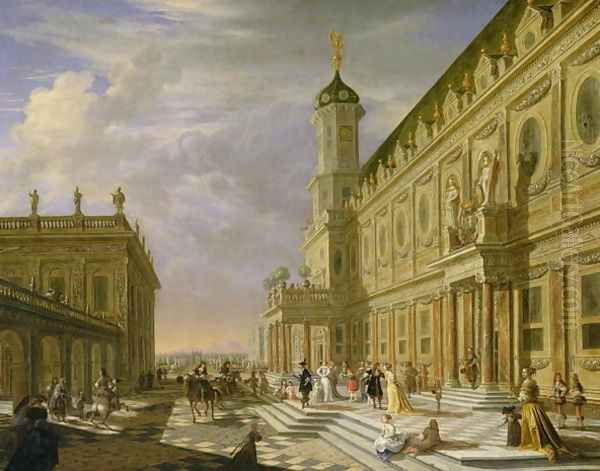 Elegant Figures in a Palace Forecourt Oil Painting by Hieronymus Janssens