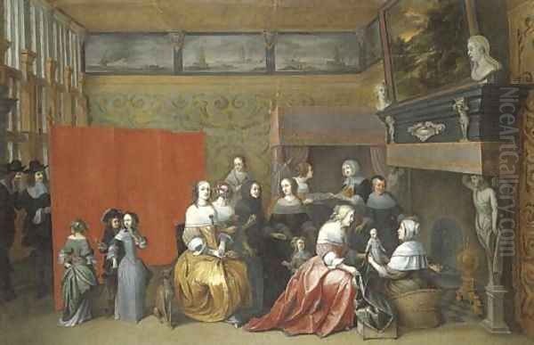 Ladies celebrating the birth of a child, with gentlemen looking on from behind a screen, in an interior Oil Painting by Hieronymus Janssens