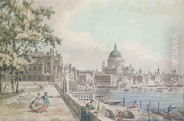 A copy of part of a drawing by Canaletto of St Pauls Cathedral from the Terrace of Somerset House Oil Painting by William James