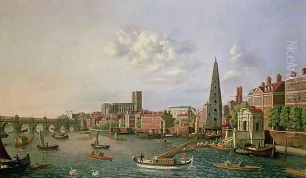 A View of the River Thames at York Steps with Westminster Abbey beyond Oil Painting by William James