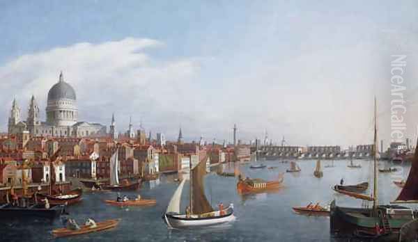 View of the River Thames with St Pauls and Old London Bridge Oil Painting by William James