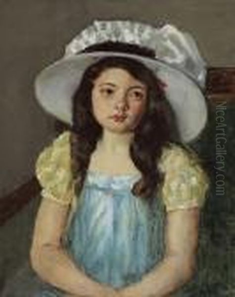 Francoise Wearing A Big White Hat Oil Painting by Mary Cassatt