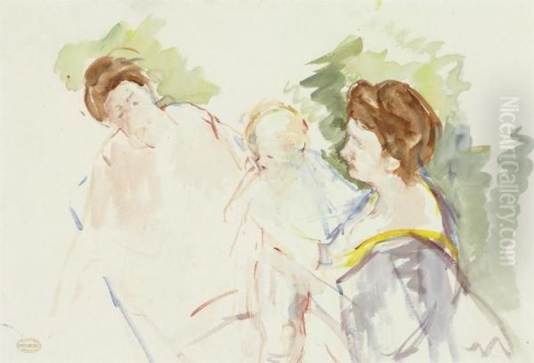 Two Mothers And A Child In A Boat Oil Painting by Mary Cassatt