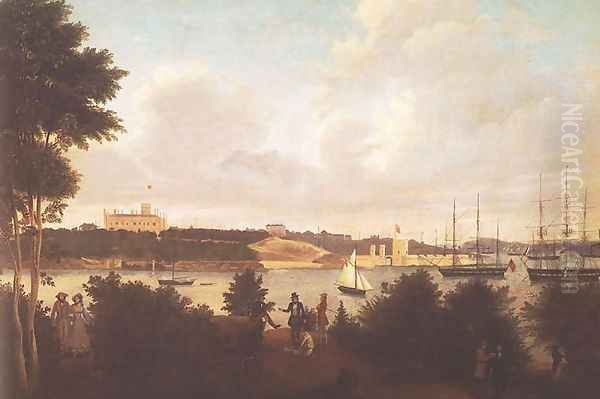 Panorama of Sydney Harbour with Government House and Fort Macquarie from Mrs Macquarie's Chair Oil Painting by Jacob Janssen